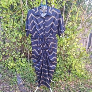SHEIN Sz XL Shirt Dress Maxi Full Button Belted Date Night Modern Preppy Ruched